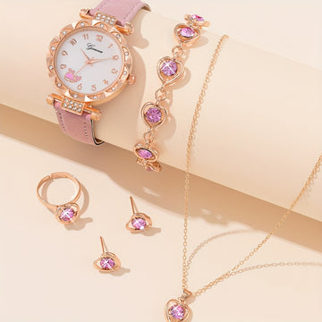 1pc Fashion Trend Rhinestone Quartz Wrist Watch & 5pcs Love Rhinestone Jewelry Set, Birthday Christmas Gift