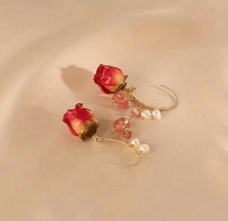 Delicate Eternal Rose Flower Earrings - Copper Jewelry with Faux Pearl Decor, Pastoral Elegant Style, Exquisite Gift for Women, Hypoallergenic, Nickel-Free, Durable, and Long-Lasting