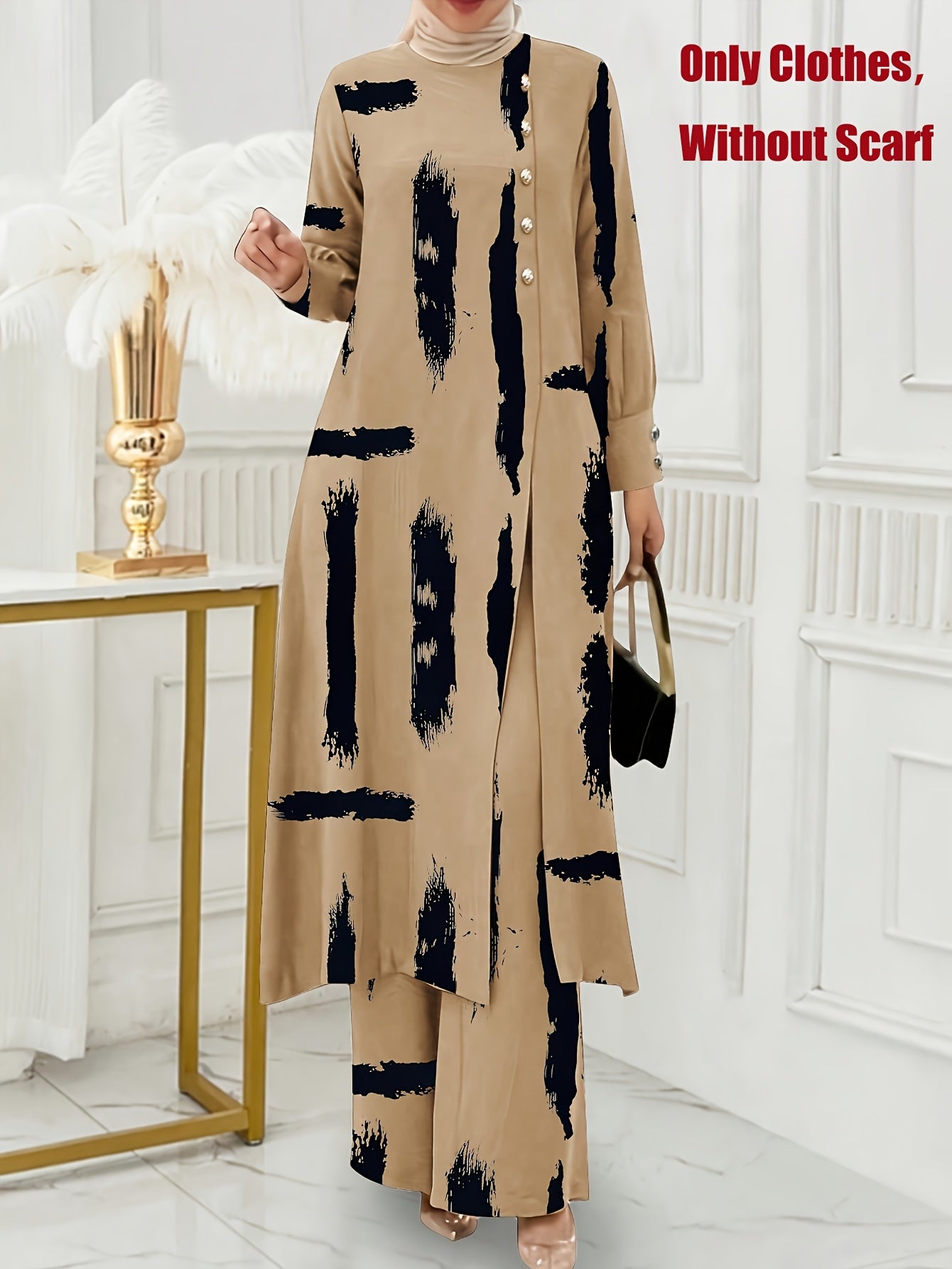 Solid Color Button Design Long Sleeve Top and Pants Set, Arabic Style,/MH