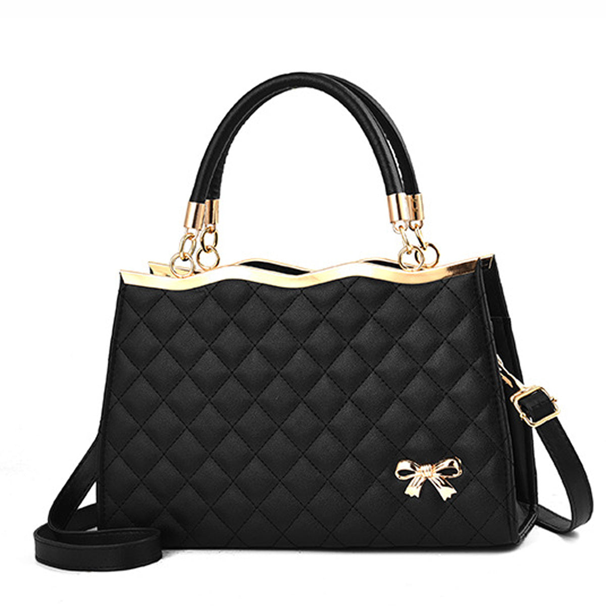 Women'S Quilted PVC Handbag with Bow Embellishment, Adjustable Strap.