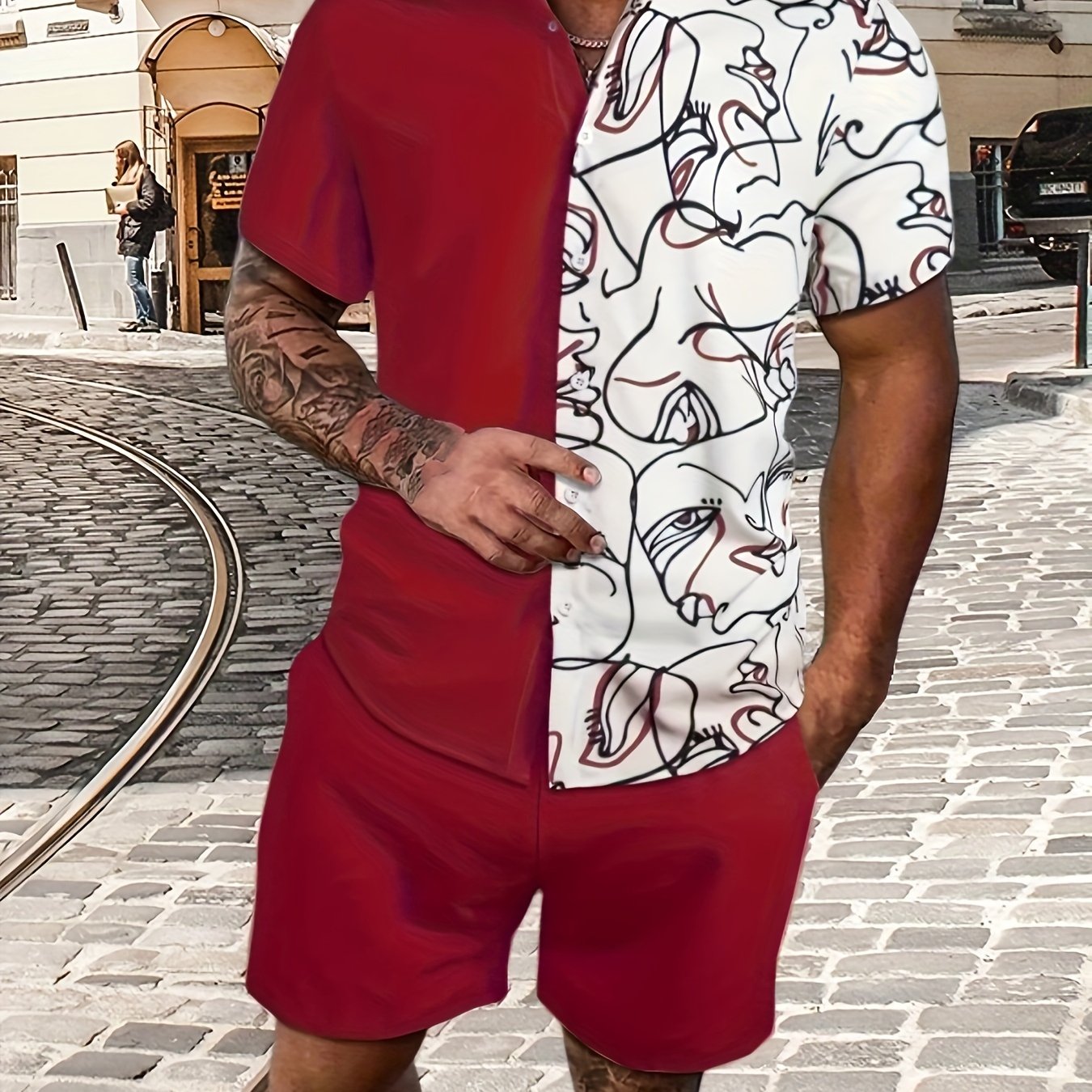 Abstract Painting Print, Men's 2Pcs Outfits, Casual Camp Collar Lapel Button Up.