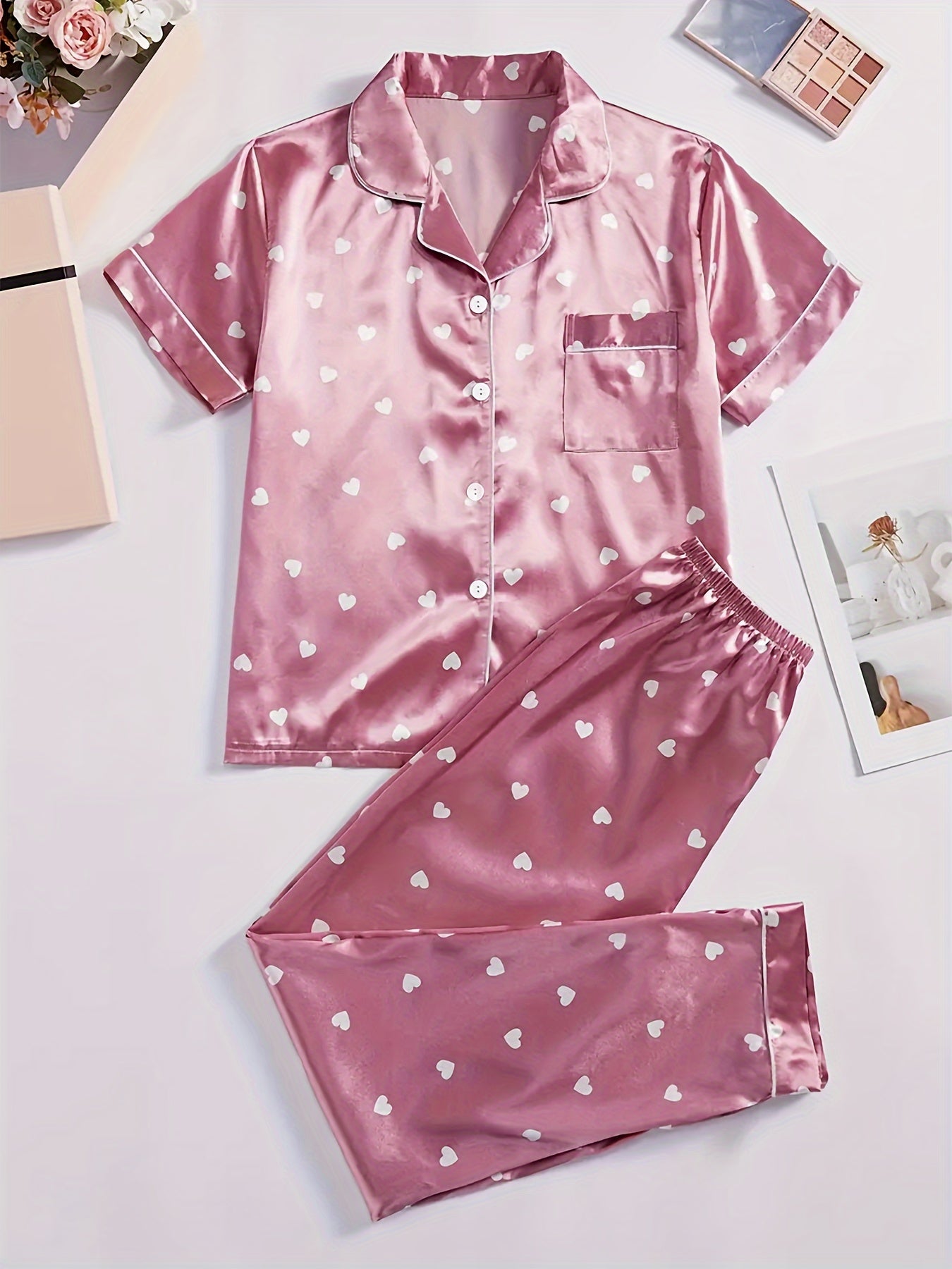 Heart Print Pajama Set, Short Sleeve Buttons Top & Elastic Waistband Pants,
