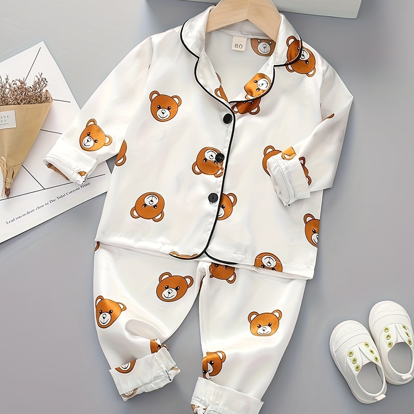 2pcs Boys Bear Print Button Up Long Sleeve Top & Elastic Waist Long Pants Set, Comfy Boys Clothes