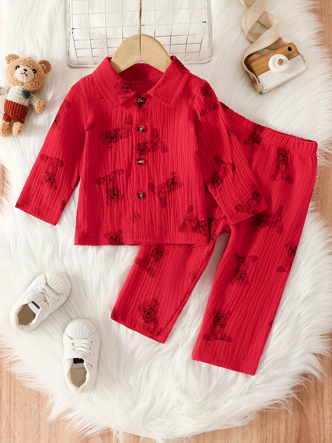 Baby's Cute Cartoon Graphic Pajamas Set Long Sleeve Top & Pants Outfit, Loungewear