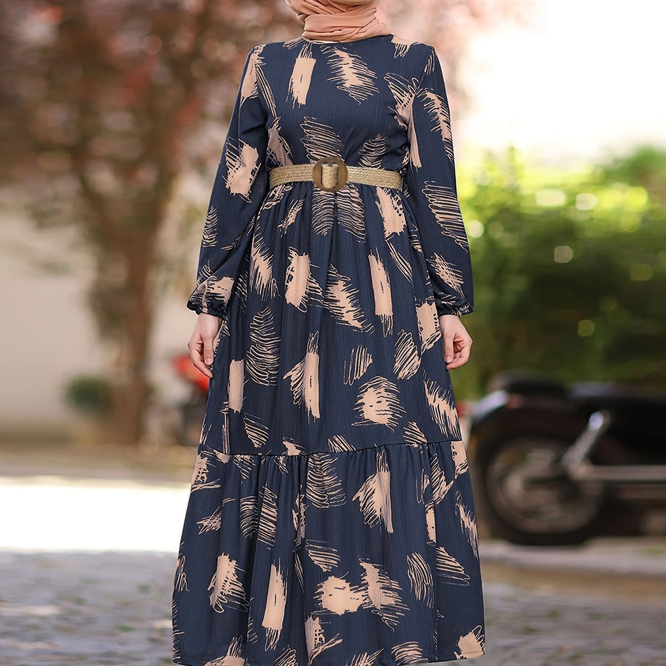 All Over Print Crew Neck Kaftan, Casual Long Sleeve Maxi Dress,/MH