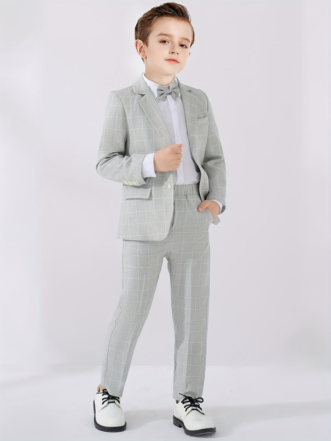 3pcs Boys Formal Plaid Gentleman Outfits, Long Sleeve Blazer.