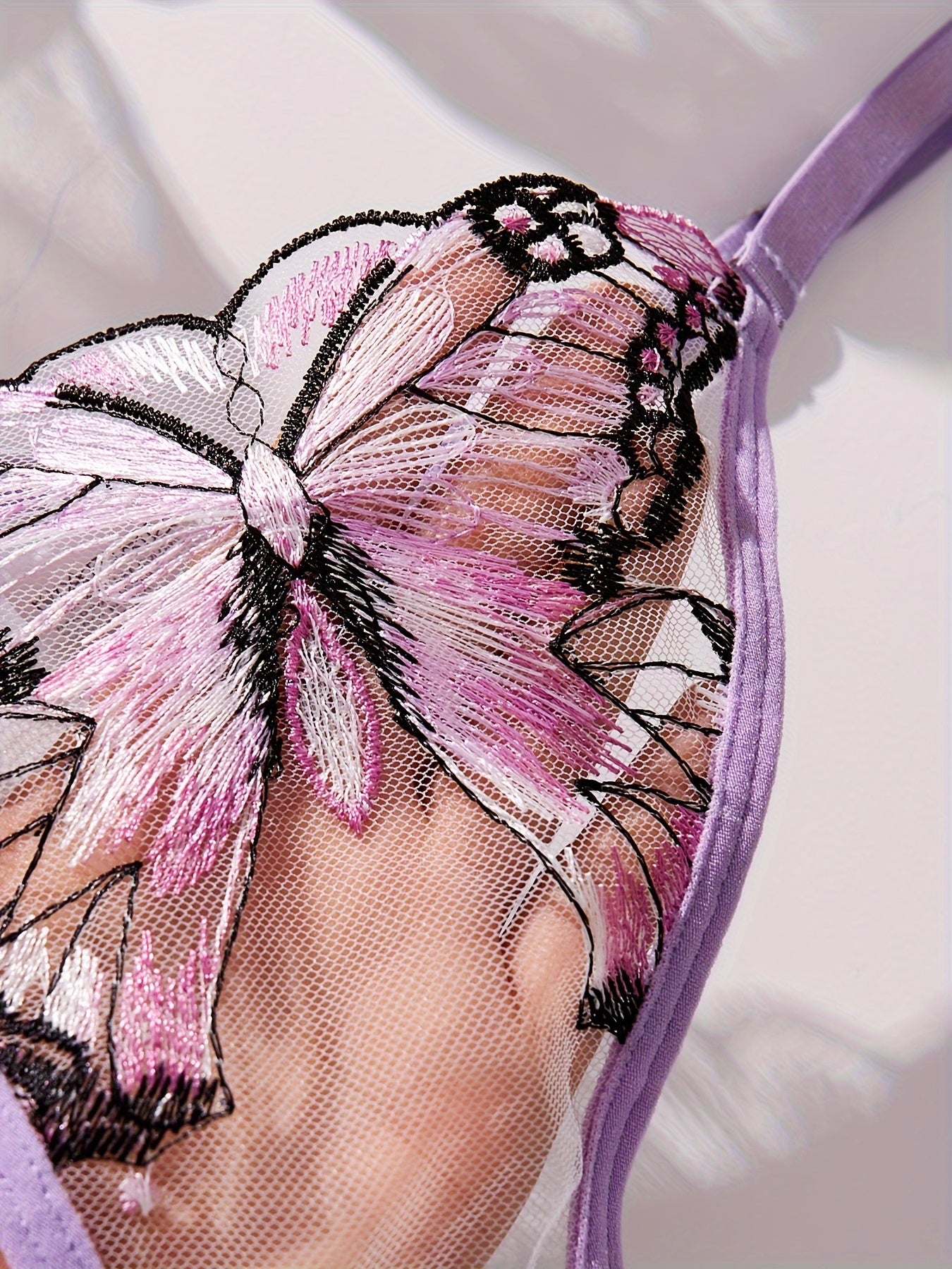 Butterfly Embroidery Mesh Lingerie Set, Strappy Plunge Bra & Thong, /MH