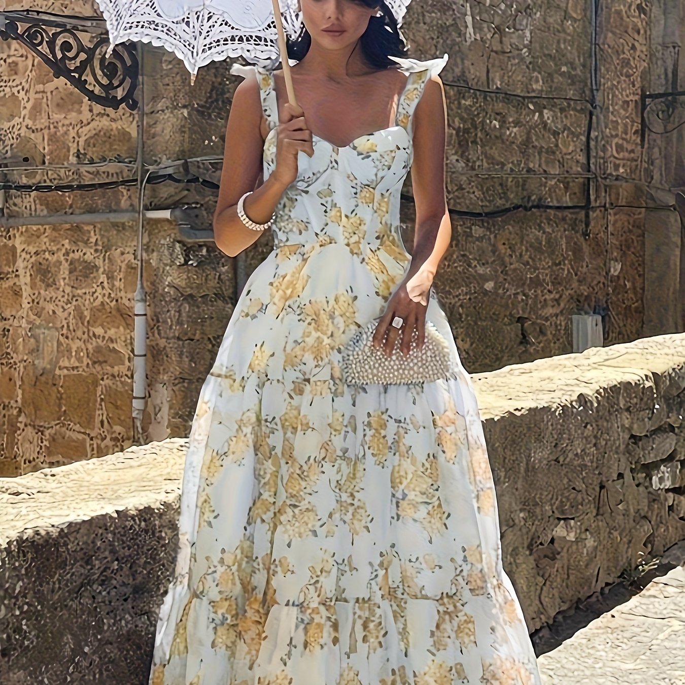Elegant French Floral Off-Shoulder Long Dress - /MH