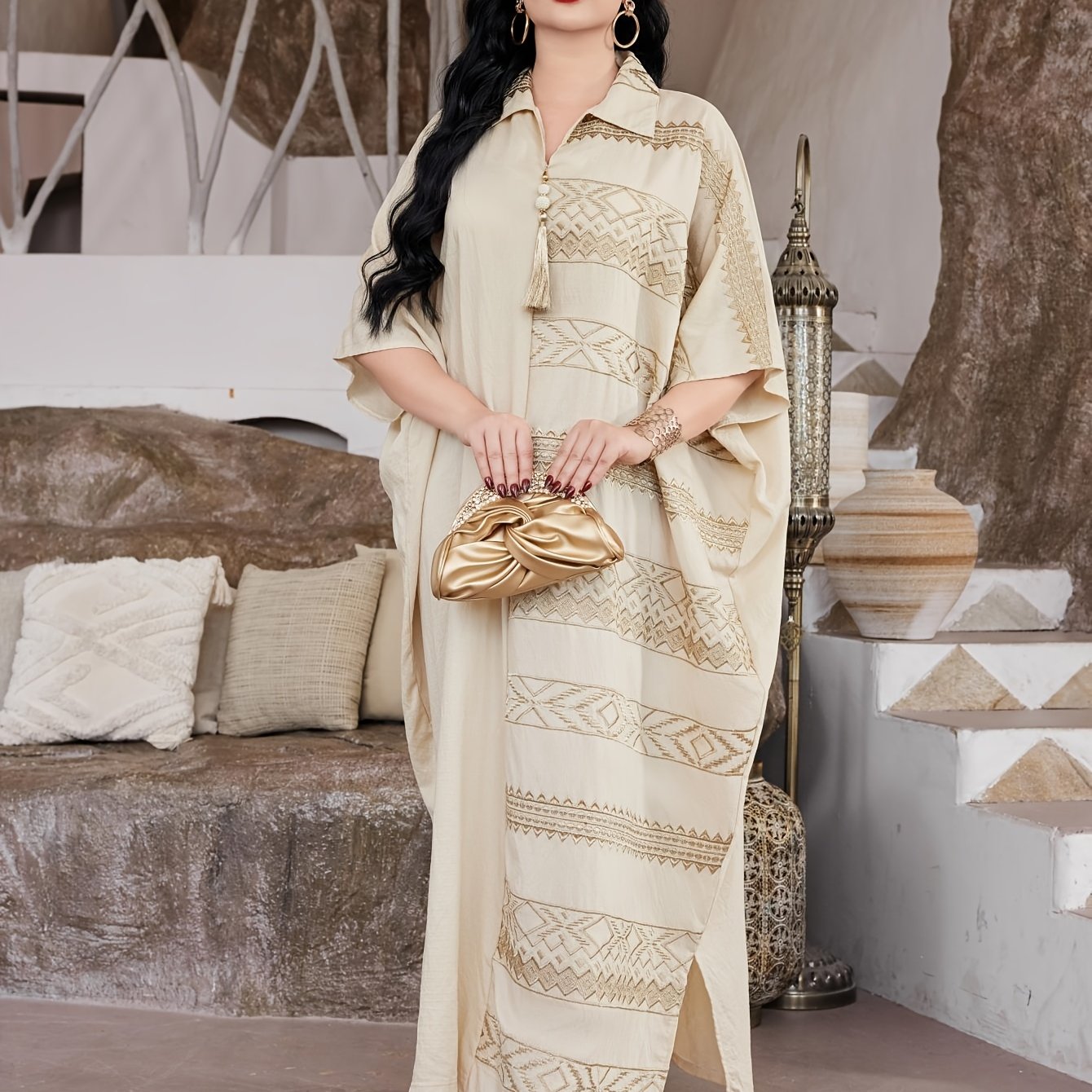 Elegant Ramadan Jalabia Dress - Golden & Black Geometric Embroidery,/MH