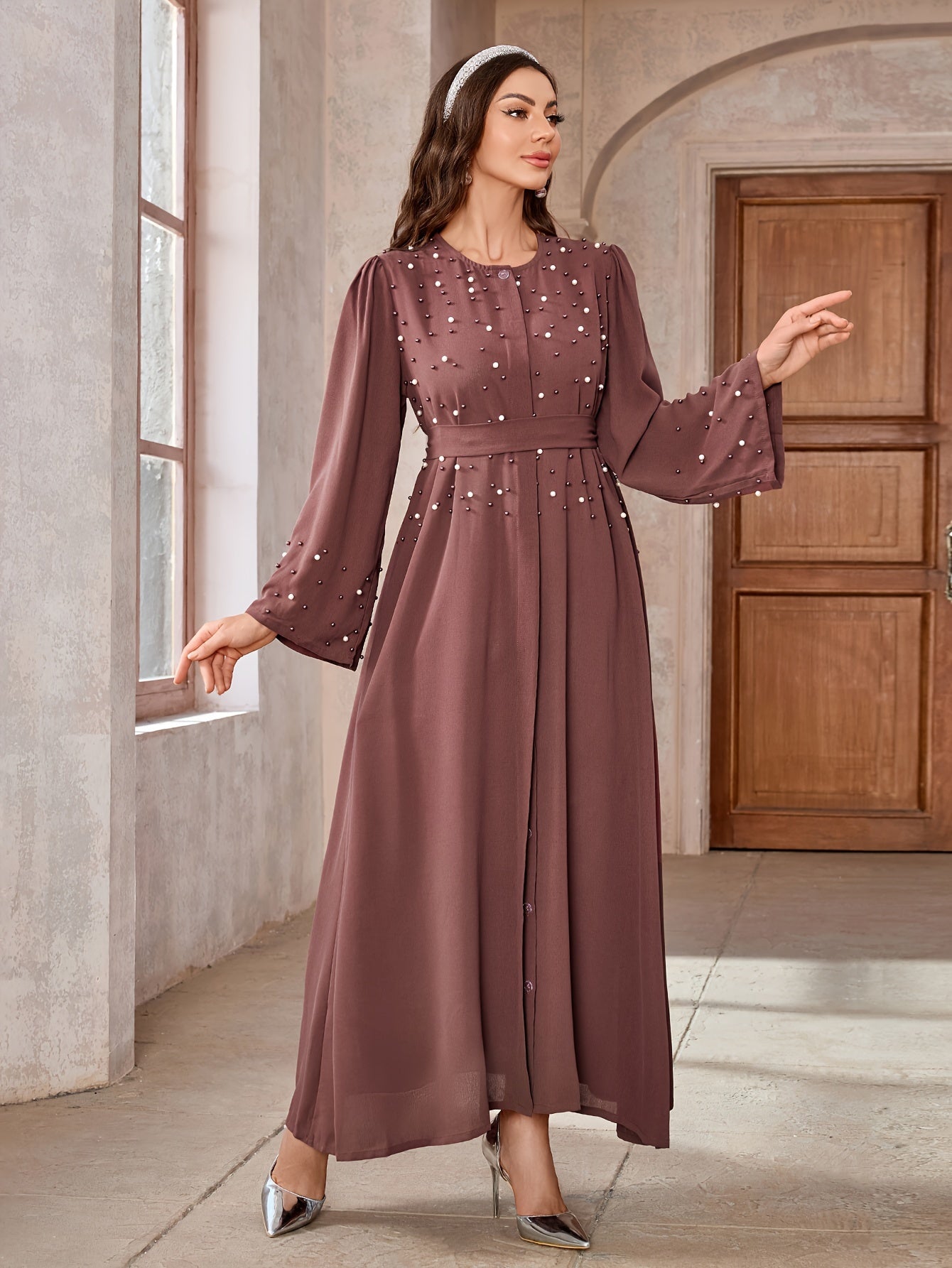Elegant Navy Blue Abaya with Pearl Embellishments and Belt -/MH