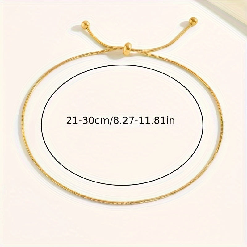 18K Gold Plated Adjustable Slider Anklet, Stainless Steel Snake Chain, Classic Retro & Bohemian Style Foot Jewelry For Women