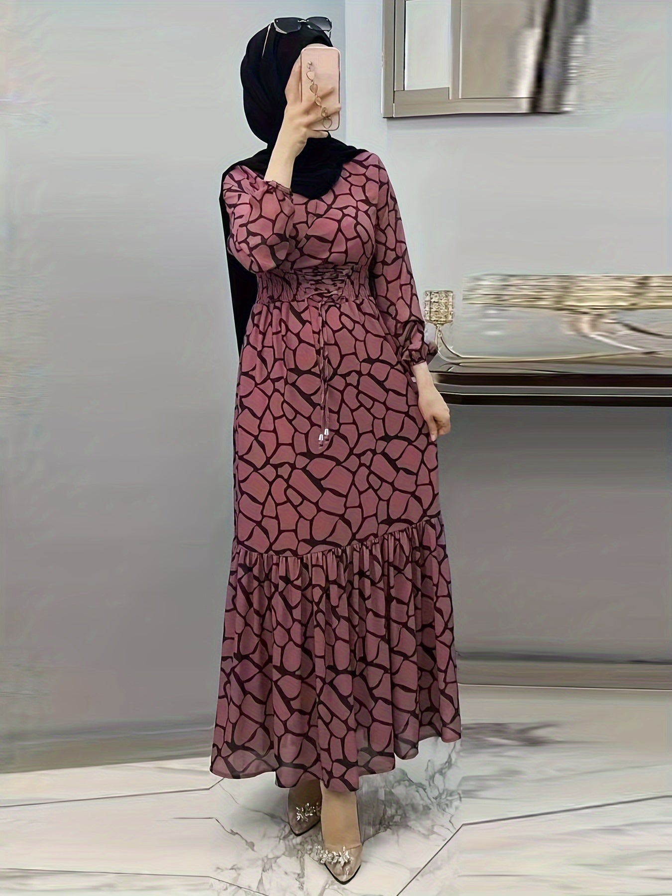 Allover Print Maxi Kaftan Dress, Casual Long Sleeve '/MH