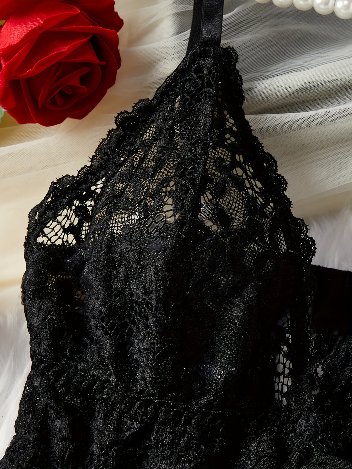 Hot Contrast Lace Lingerie Set, V Neck Backless Babydoll & Thong, /MH