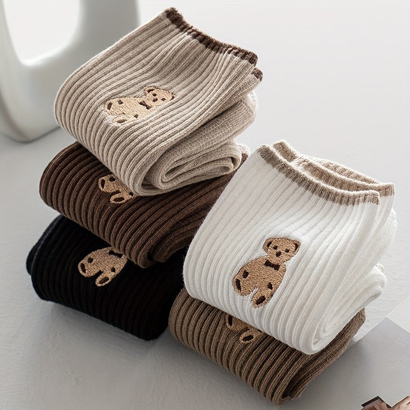 5 Pairs of Adorable Cartoon Bear Pattern Mid Tube Socks -/MH