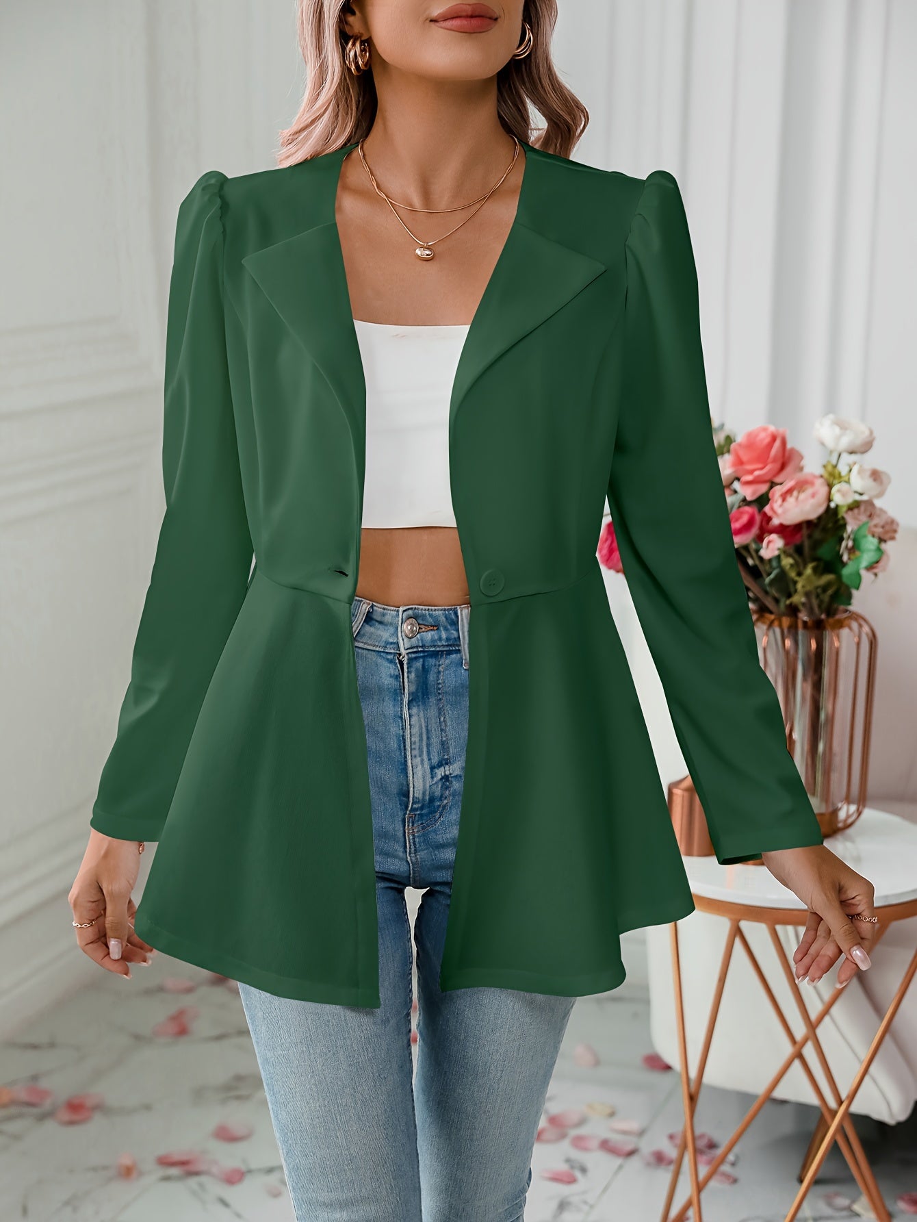 Notched Collar Flare Blazer, Elegant Long Sleeve Button Front Coat,