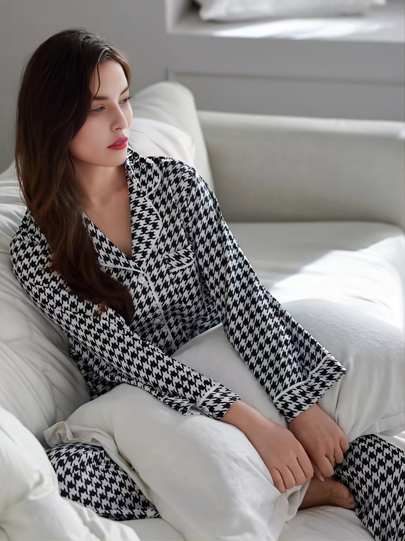 Elegant Classic Houndstooth Print Pajama Set,