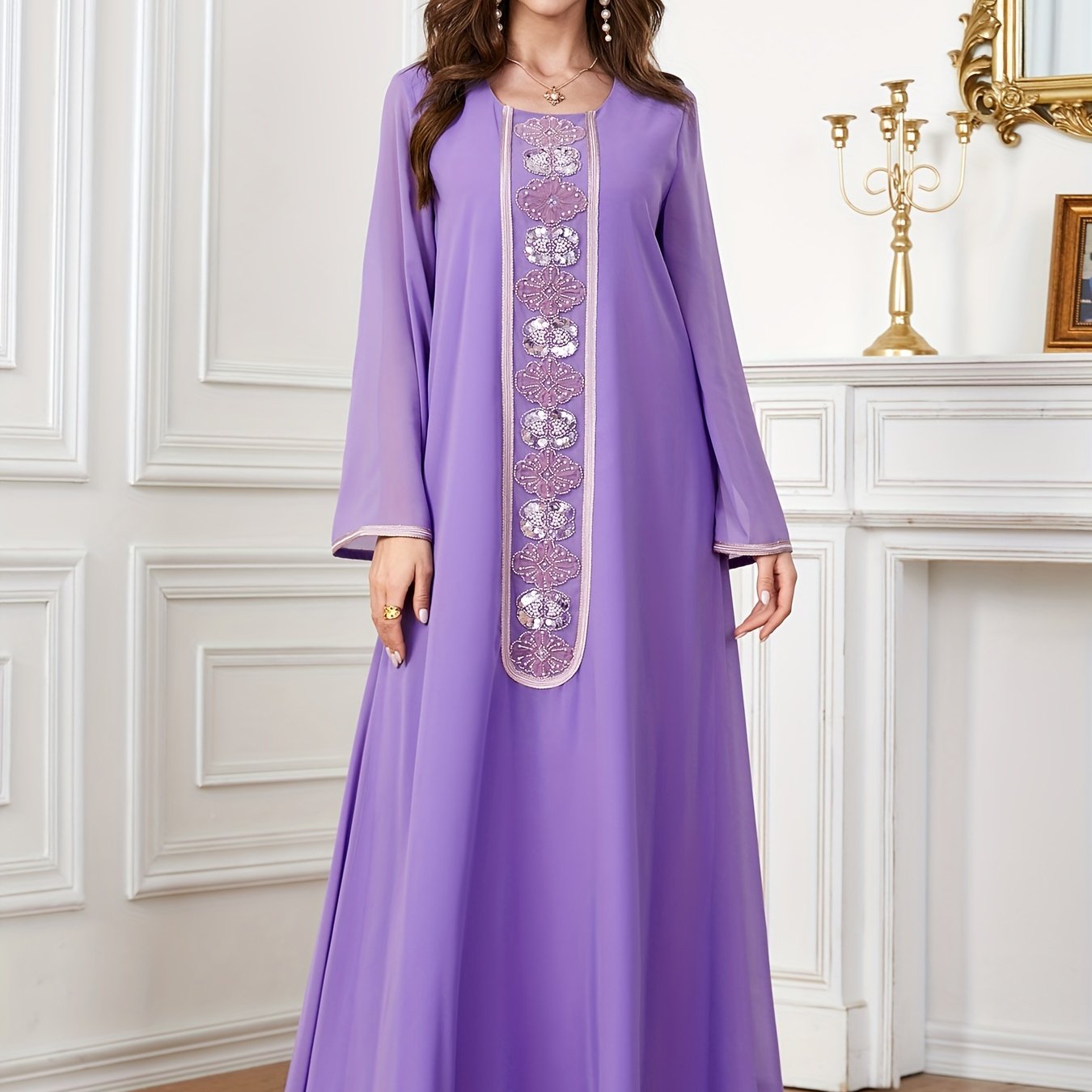 Embroidered Crew Neck Kaftan Dress, Elegant Long Sleeve women fashion '/MH