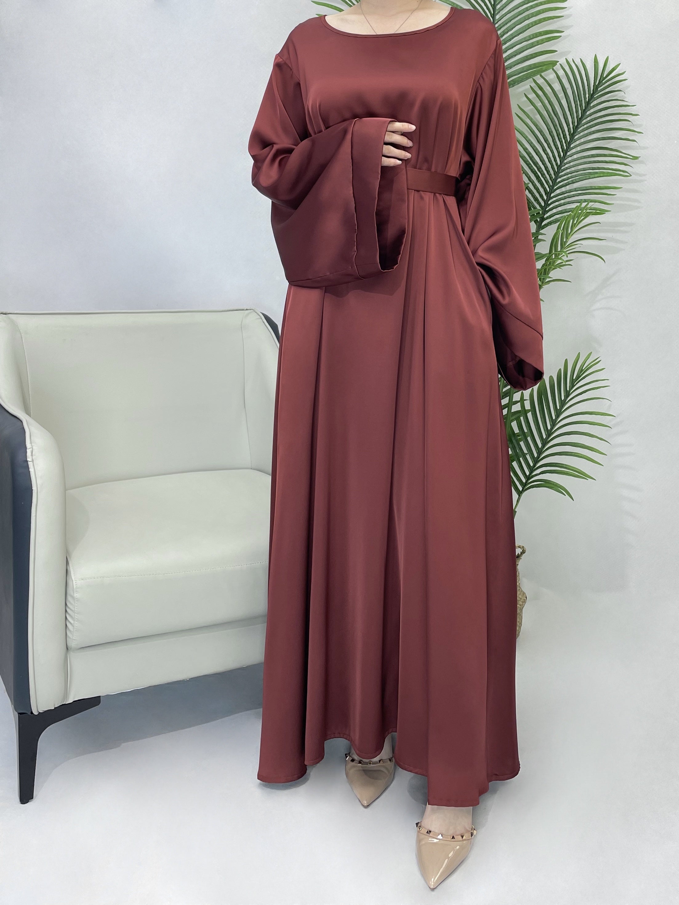 Solid Maxi Kaftan Abaya, Modest Crew Neck Long Sleeve ./MH