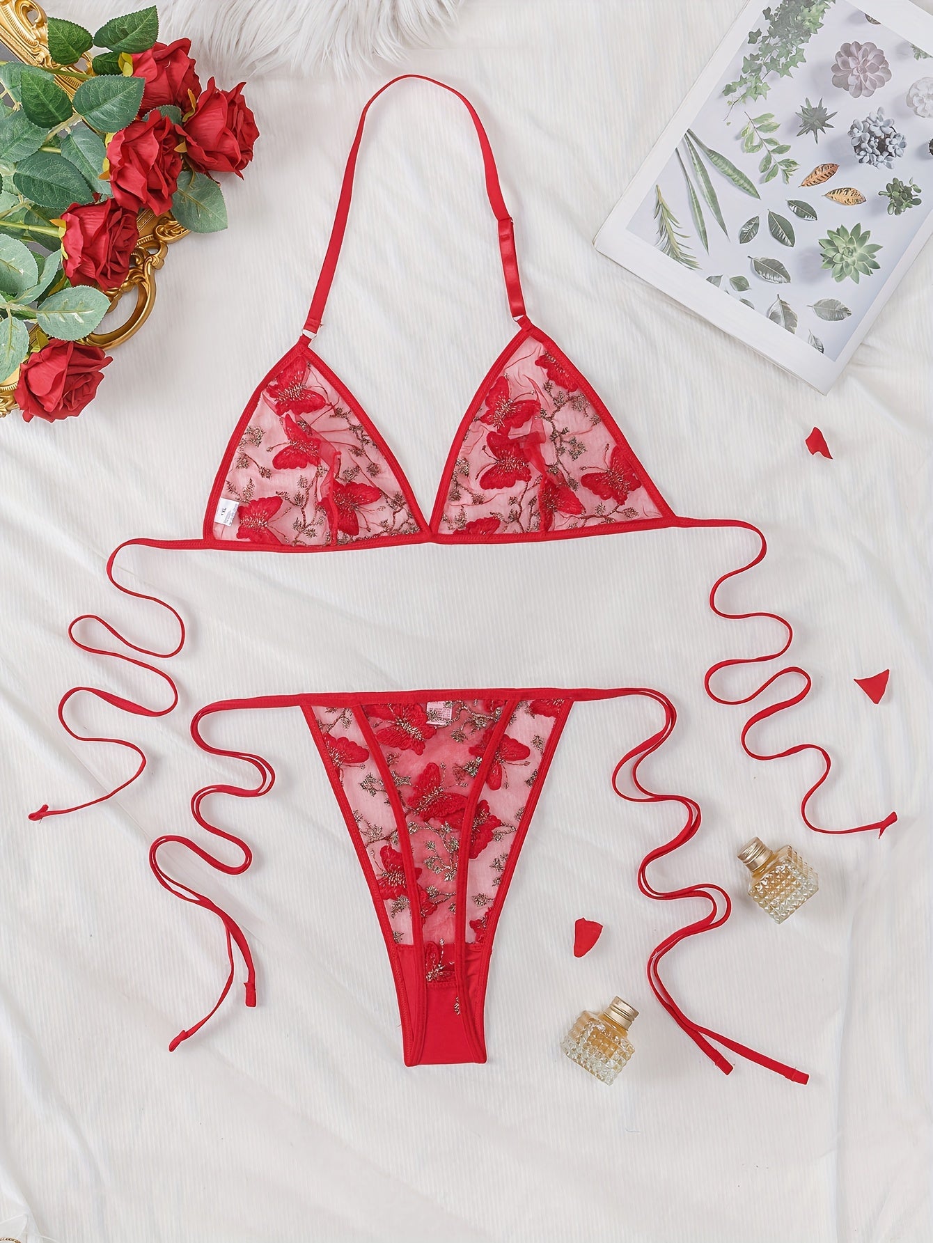 Butterfly Embroidery Bra & Panties, Halter Unlined Plunge Bra '/MH