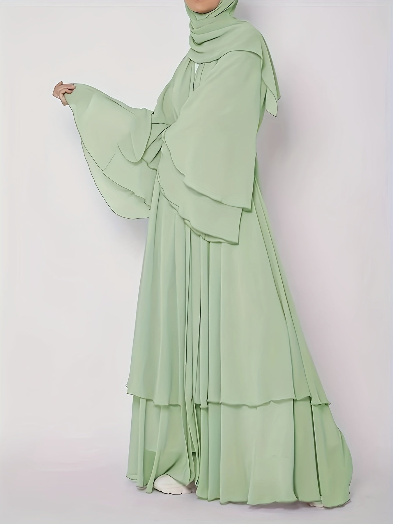 Solid Color Tie Waist Modest Dress, Elegant Layered Hem Maxi '/MH