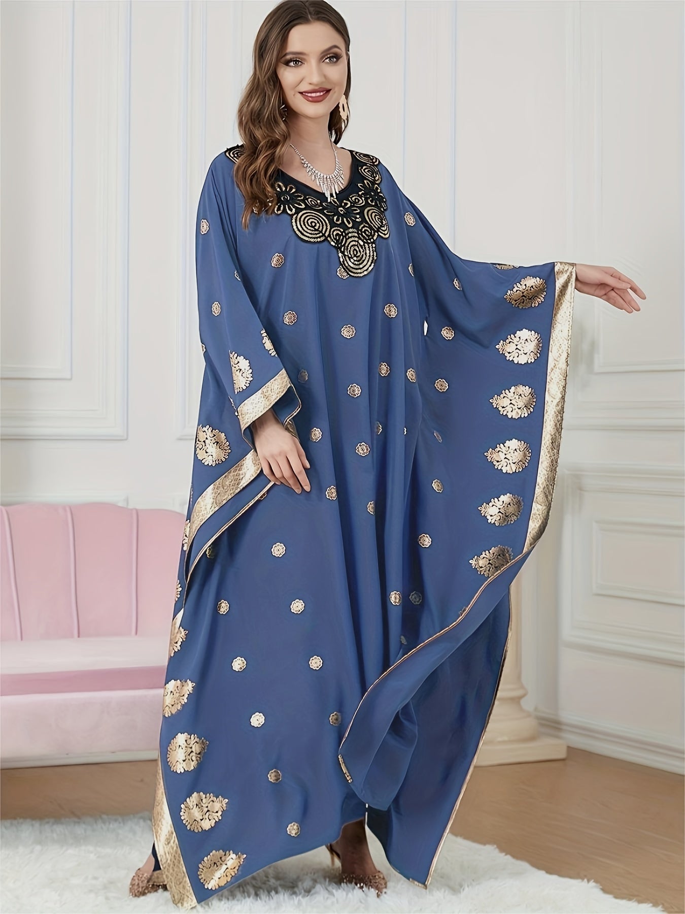 Graphic Print Batwing Sleeve Kaftan Dress, /MH