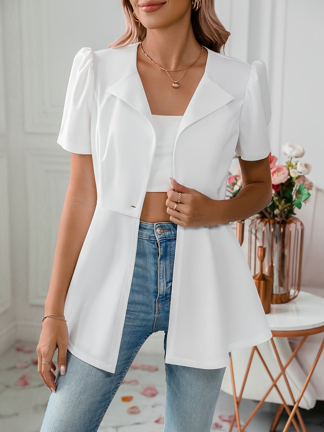 Notched Collar Flare Blazer, Elegant Long Sleeve Button Front Coat,