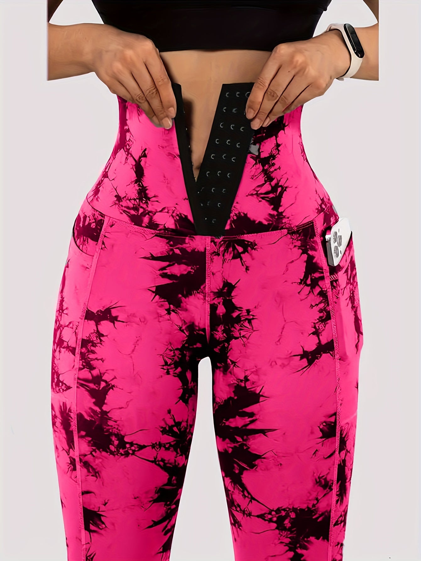 Women'S High-Waist Tie-Dye Yoga Leggings with Front Button Closure & Pockets .