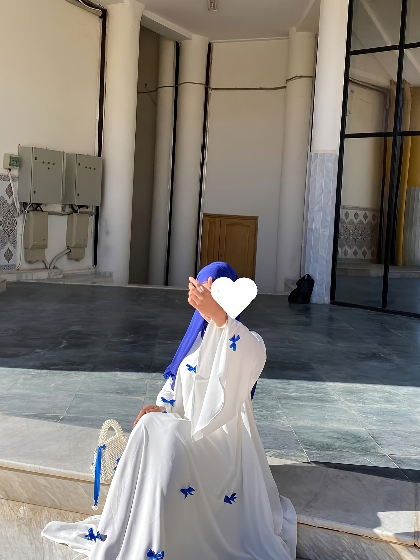 Elegant White Abaya with Blue Bow Accents - ./MH