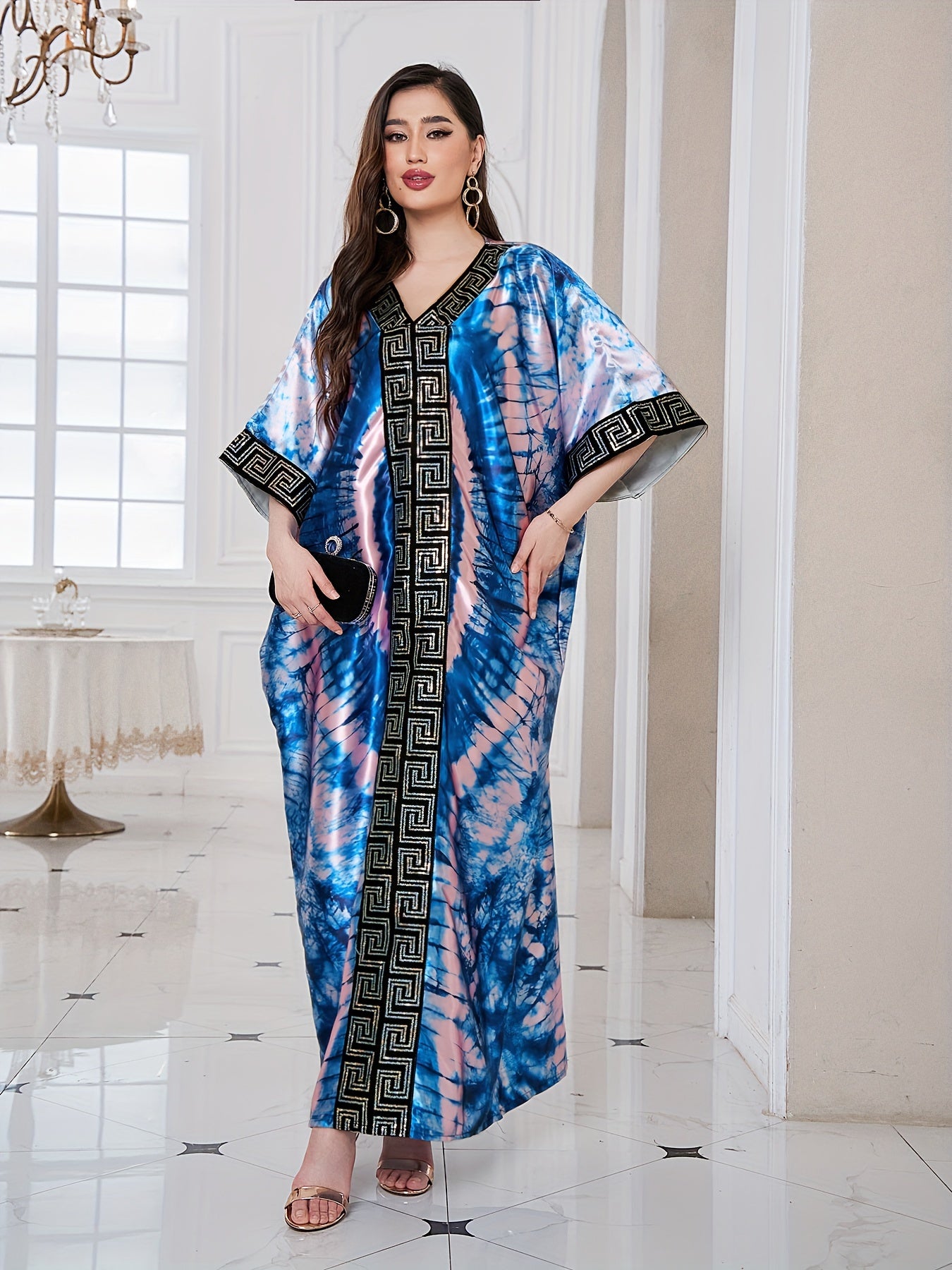 Abstract Print Greek Pattern Kaftan Dress, Elegant Half Sleeve'/MH