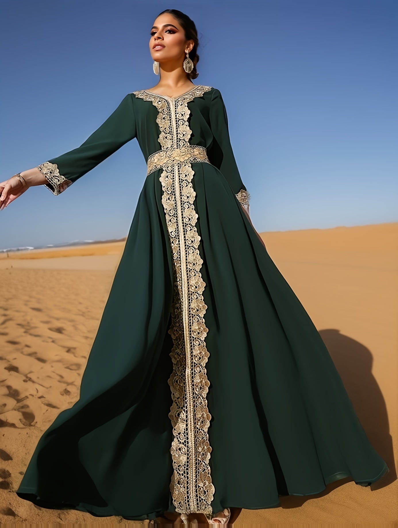 Ramadan Lace Trim V Neck Kaftan, Elegant Long Sleeve 'MH