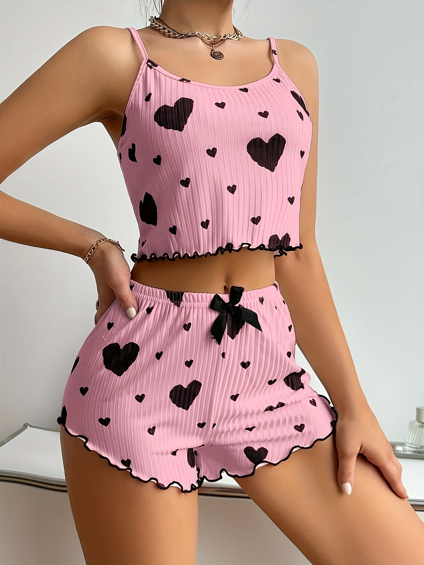 Women's Heart Print Sexy Ribbed Frill Trim Pajama Set, Round Neck Backless Crop Cami Top & Shorts, Comfortable Relaxed Fit, Summer Nightwear