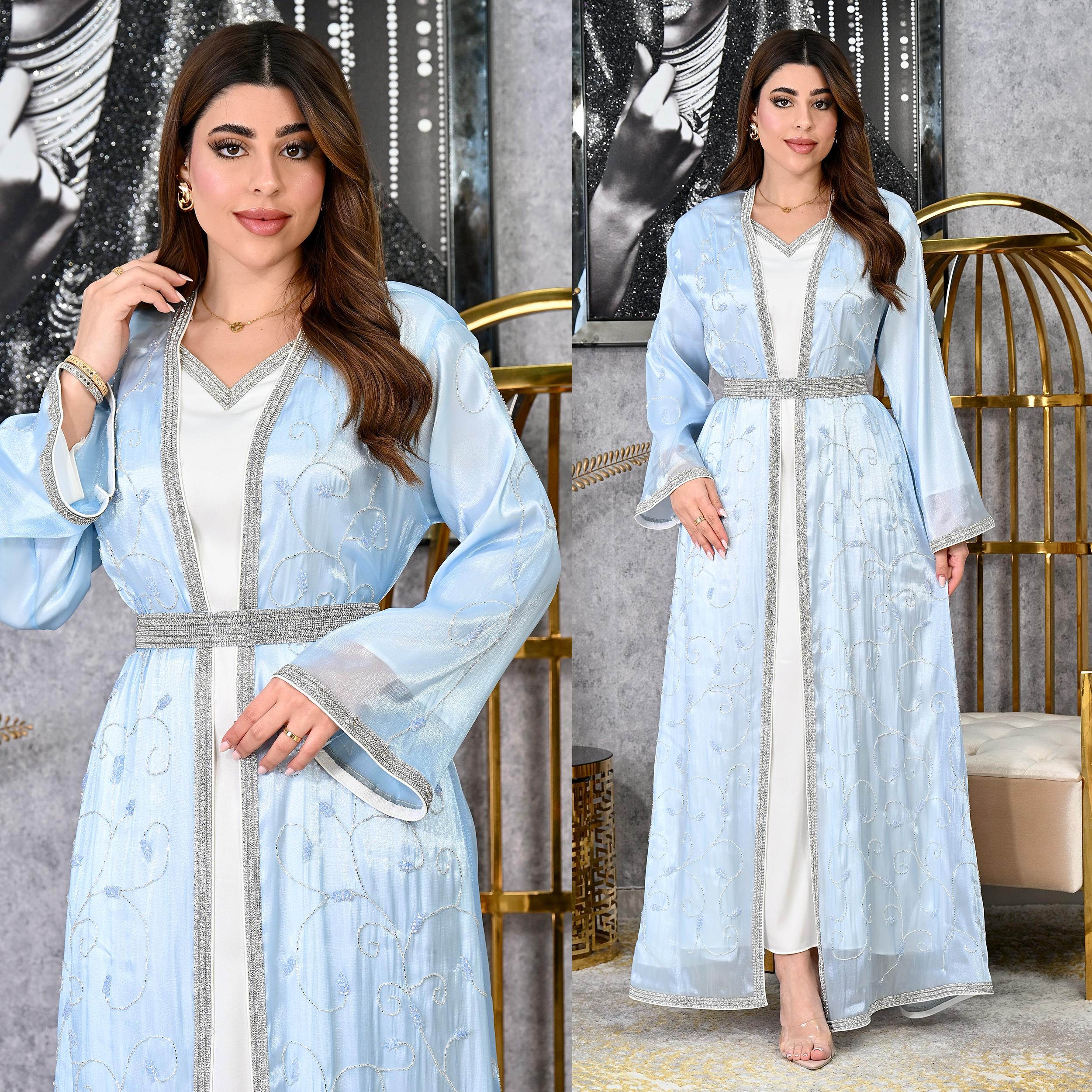 Diamond Trim Embroidered Kaftan with Inner Dress | Modest Evening Wear | 4 Colors | Sizes S-XL | MH