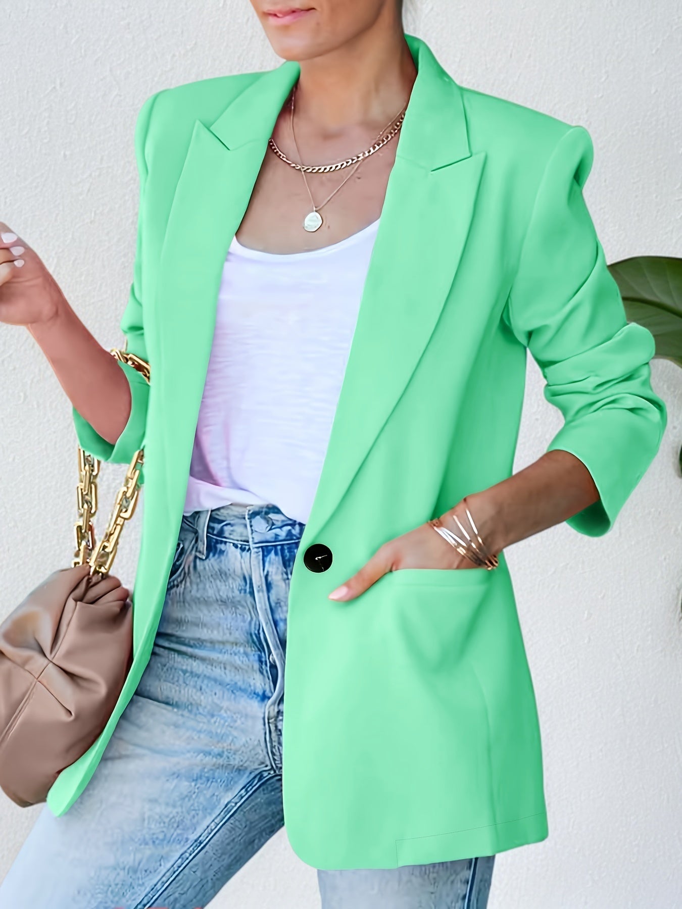 Button Blazer, Elegant Lapel Long Sleeve Work Office Outerwear,