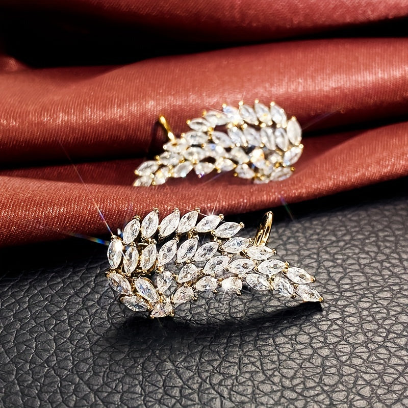 Golden Leaf Shaped Ear Clips - Exquisite Inlaid Zirconia, Delicate Fashion Accessory for Daily Wear, Ideal Gift for Ladies, Elegant and Simple Style