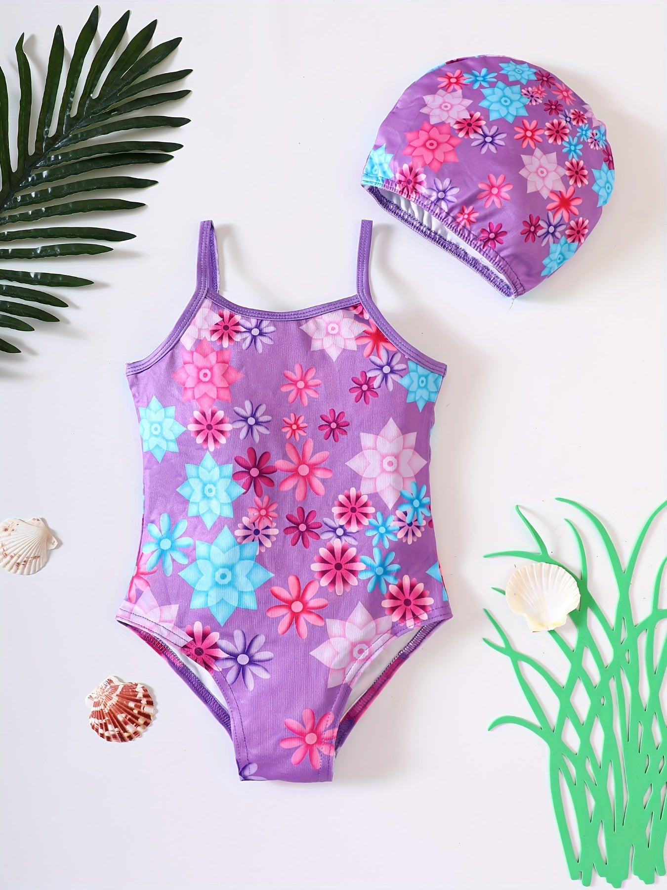 2 Pcs Girl's Onesie Swimsuit & Swimming Cap,