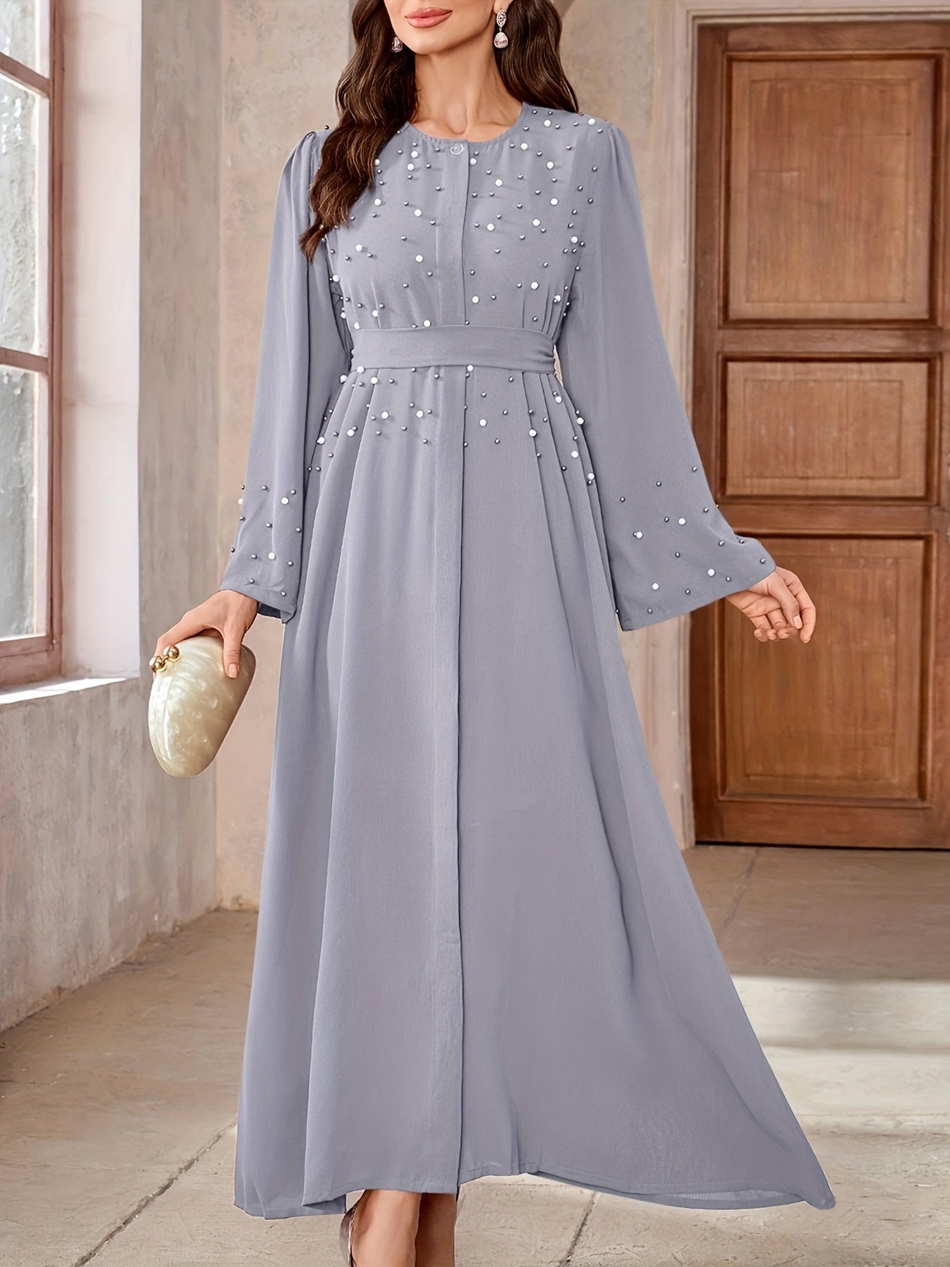 Elegant Navy Blue Abaya with Pearl Embellishments and Belt -/MH