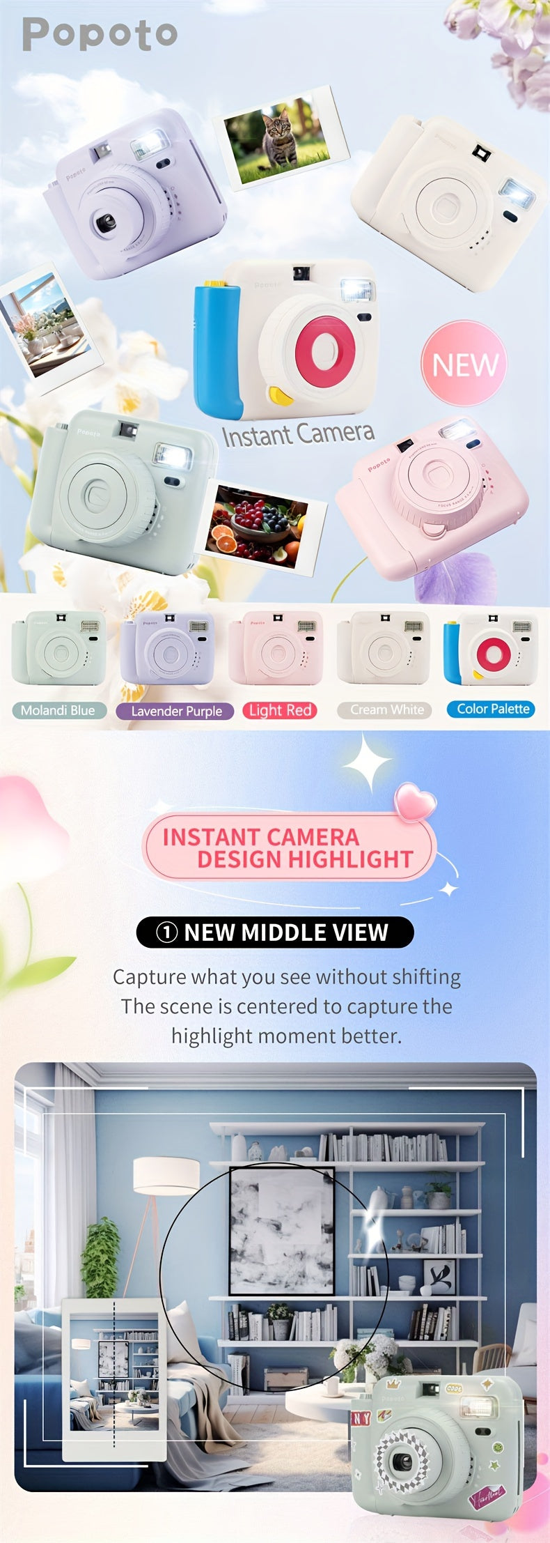 Popoto Instant Camera Gift Set with PU Case - Flash-Enabled, Battery-Free Photography Kit for Outdoor Parties (Camera & Accessories Included, No Batteries or Film)