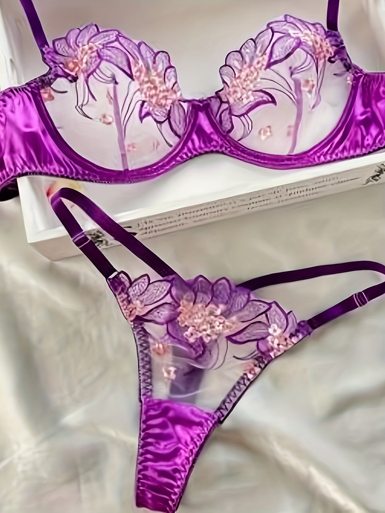 Flower Pattern Spaghetti Straps Lingerie Set For Women, Bra And Thong,/MH