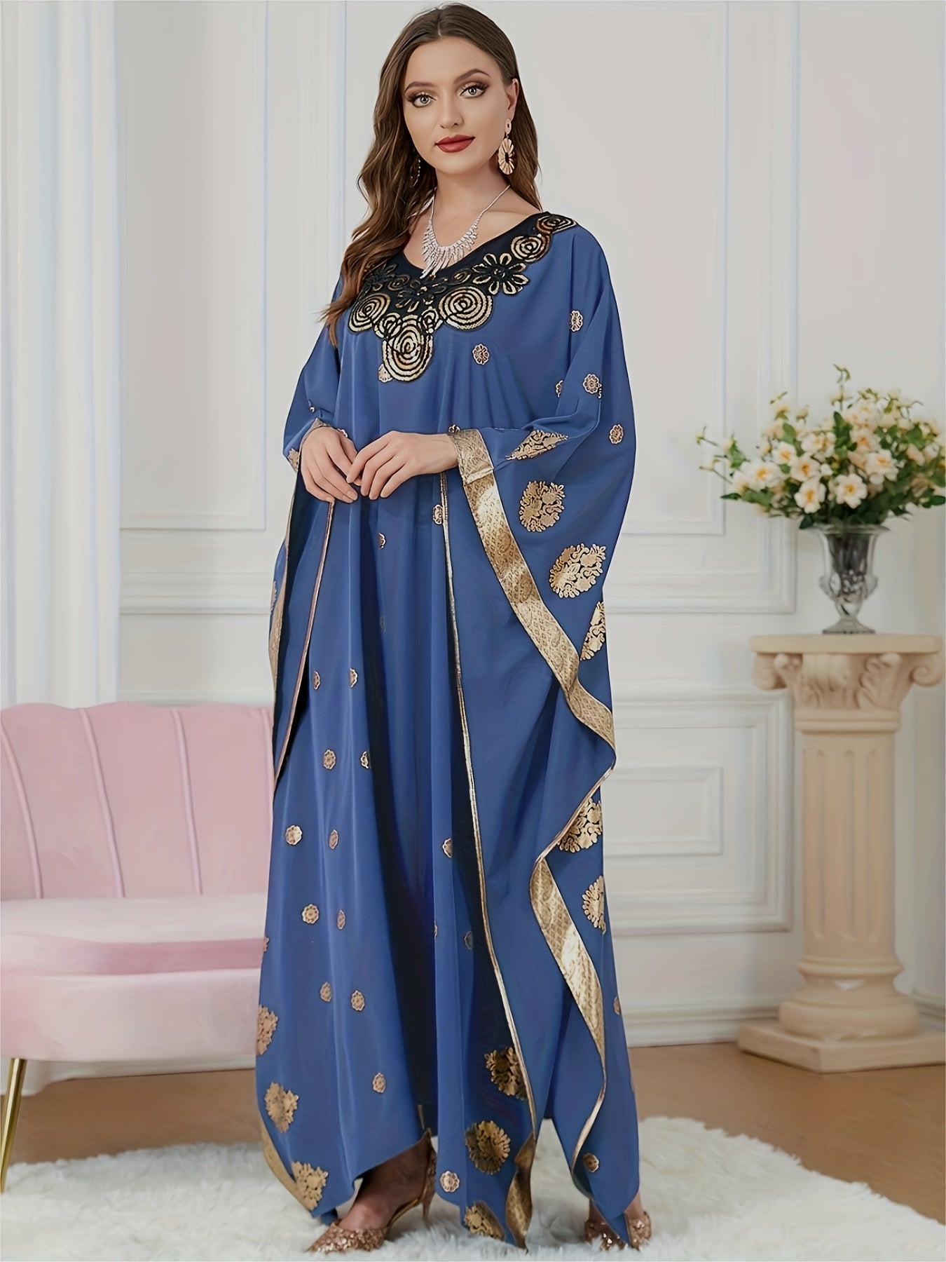 Graphic Print Batwing Sleeve Kaftan Dress, /MH