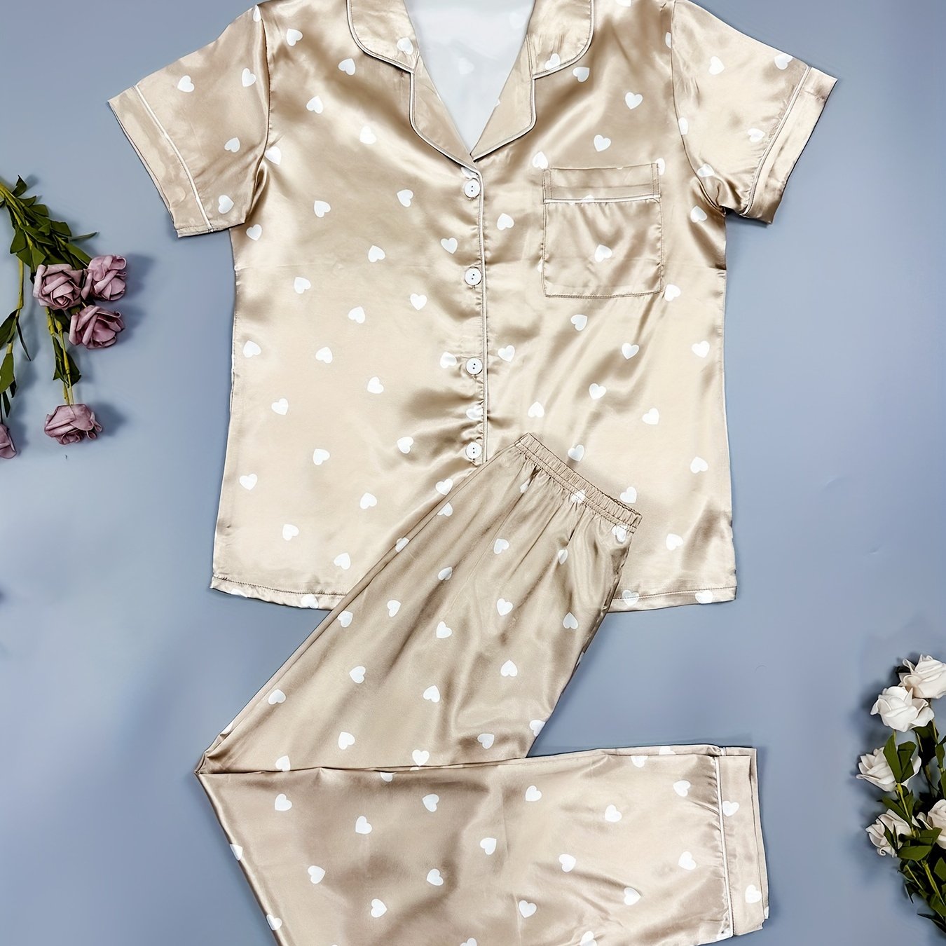 Heart Print Pajama Set, Short Sleeve Buttons Top & Elastic Waistband Pants,