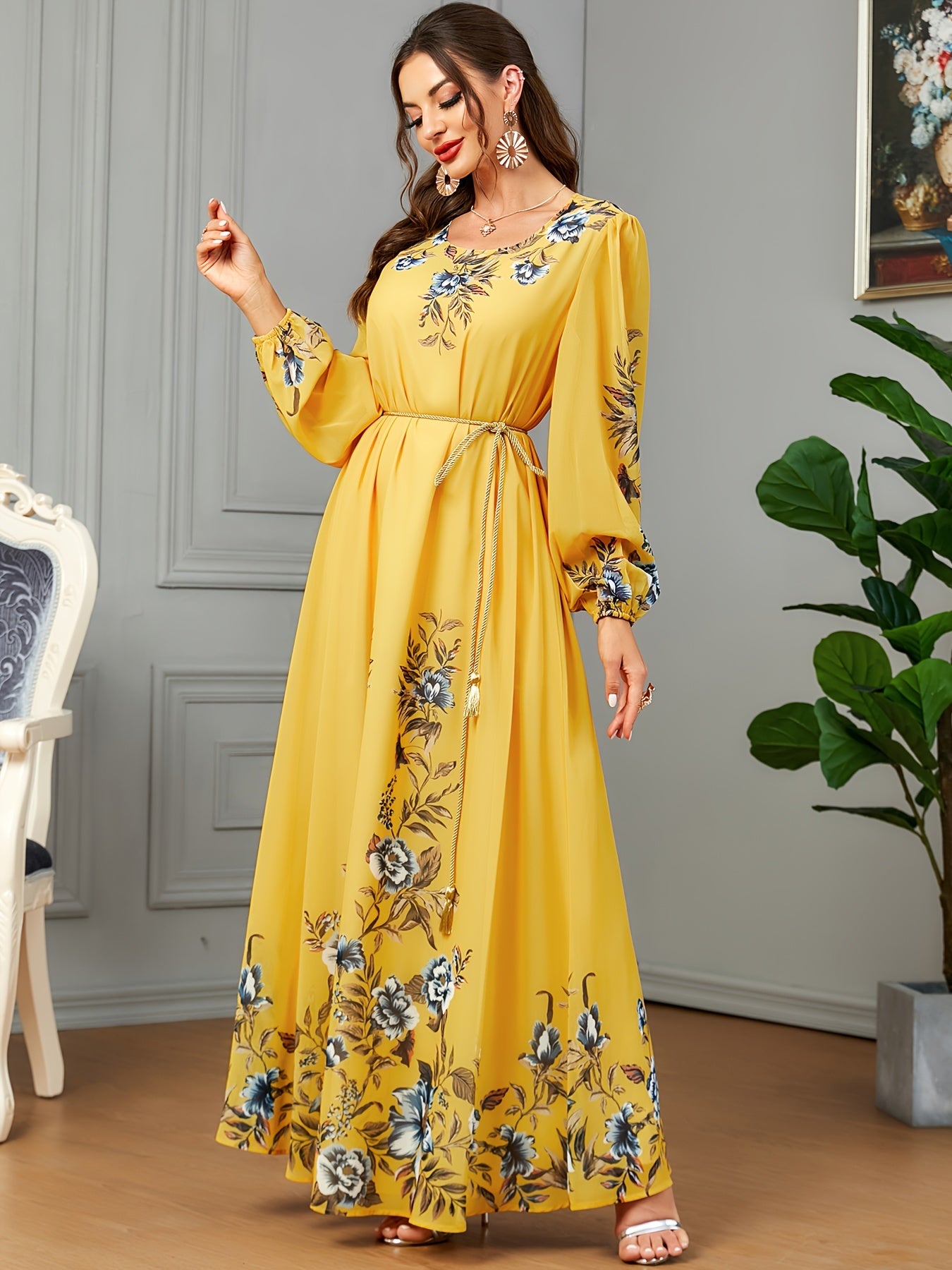Floral Print Long Sleeve Kaftan Dress, women fashion'/MH