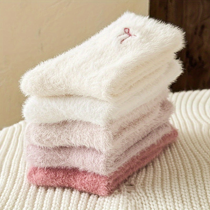 5pcs Women's Cozy Pink Bowknot Plush Socks - /MH