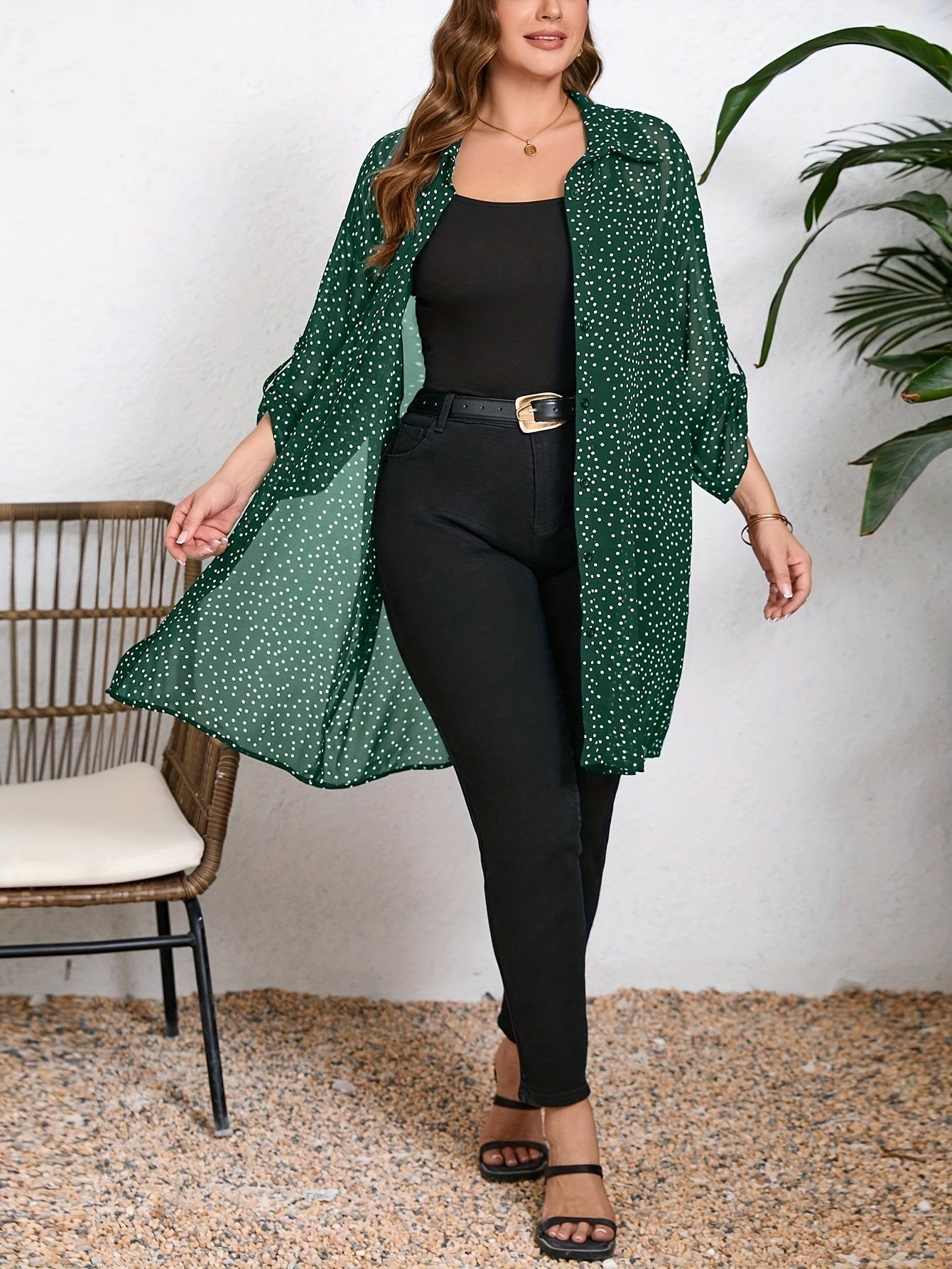 Chic Plus Size Polka Dot Blouse with Cuffed Sleeves Button-Up Shirt for Women,