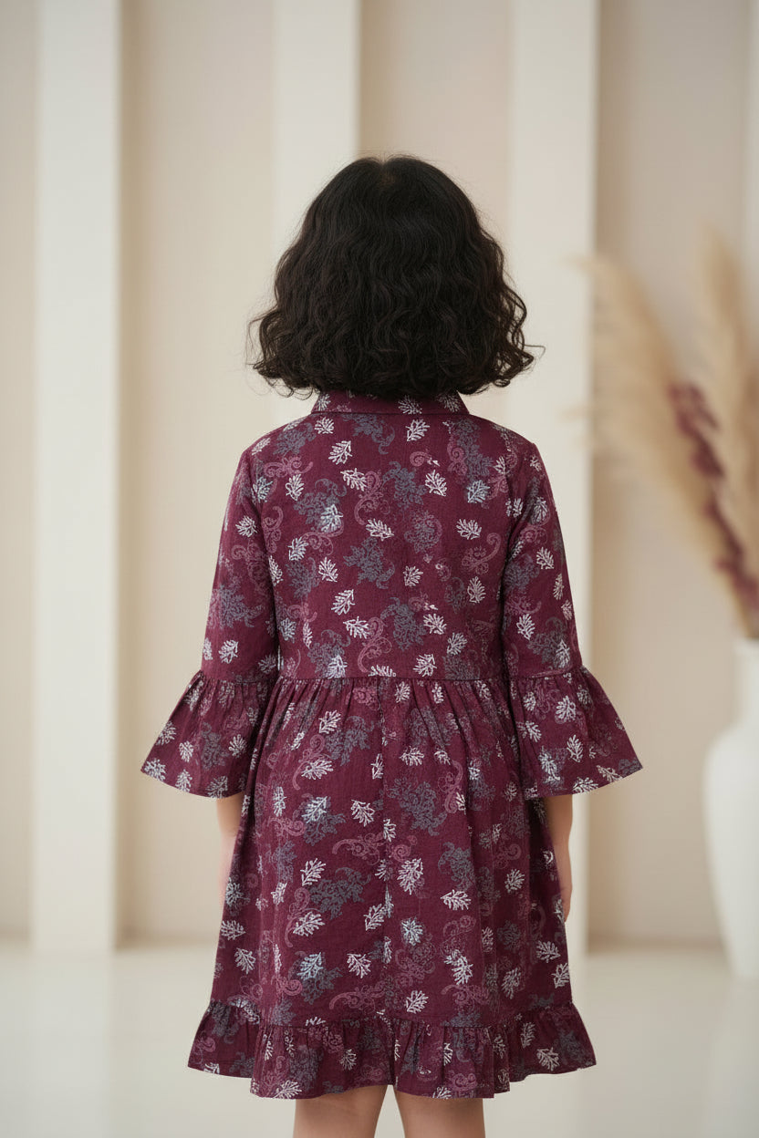 Girls' Floral Long Sleeve Flare Dress – Ruffle Cuff Cotton Party Dress (2-12 Years) | MH