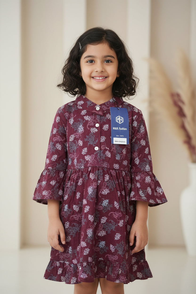Girls' Floral Long Sleeve Flare Dress – Ruffle Cuff Cotton Party Dress (2-12 Years) | MH