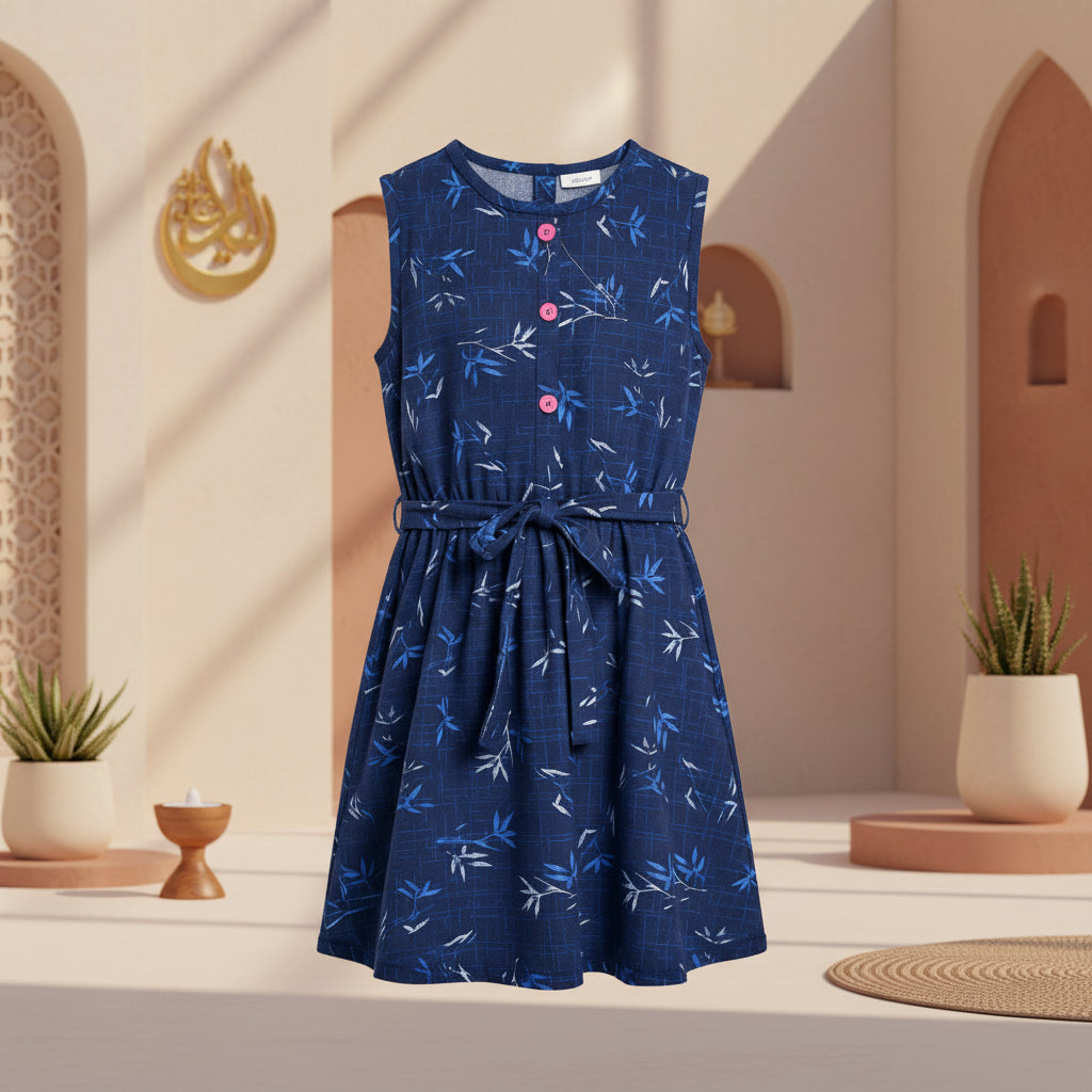 Girls Navy Blue Bamboo Print Sleeveless Dress with Belt | MH Kids Summer Casual Dress Age(2-12Years)