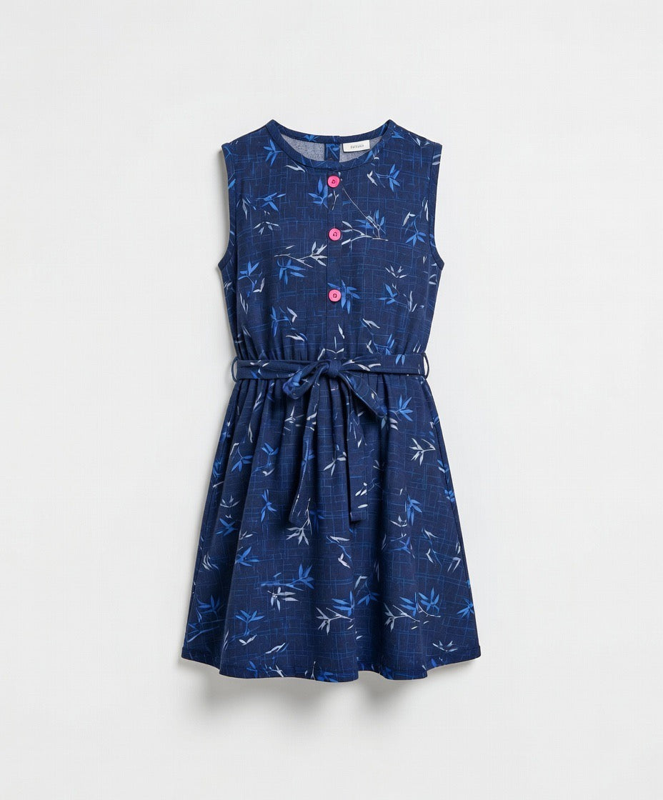 Girls Navy Blue Bamboo Print Sleeveless Dress with Belt | MH Kids Summer Casual Dress Age(2-12Years)