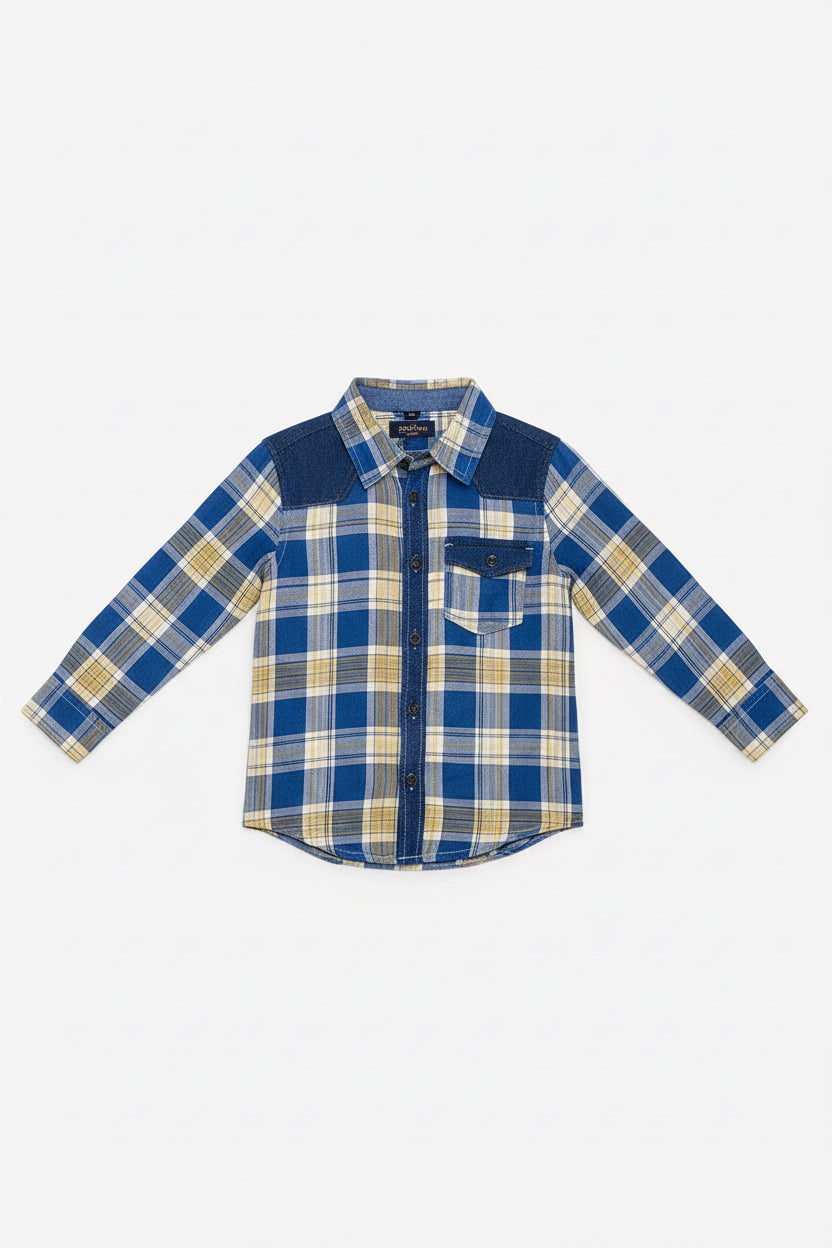 Boys’ Checkered Multi-Color Long Sleeve Button Up Shirt Plaid Contrast Shoulders | Sizes 2-12Years | MH