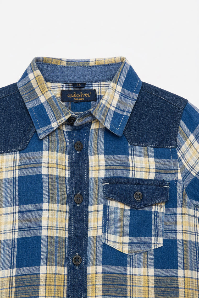 Boys’ Checkered Multi-Color Long Sleeve Button Up Shirt Plaid Contrast Shoulders | Sizes 2-12Years | MH