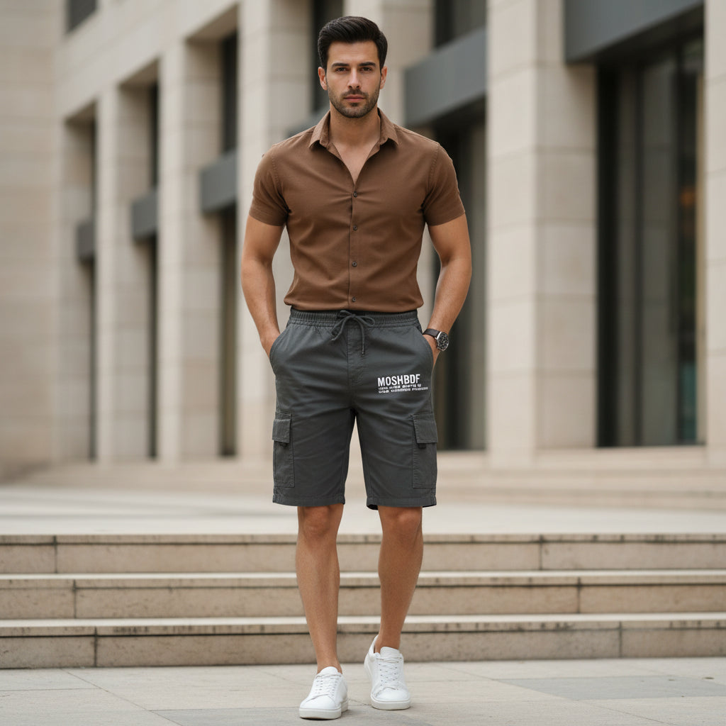 Young Men’s Grey Cargo Shorts 17-24 Years | Stylish Multiple Pockets Casual Shorts with Print | MH